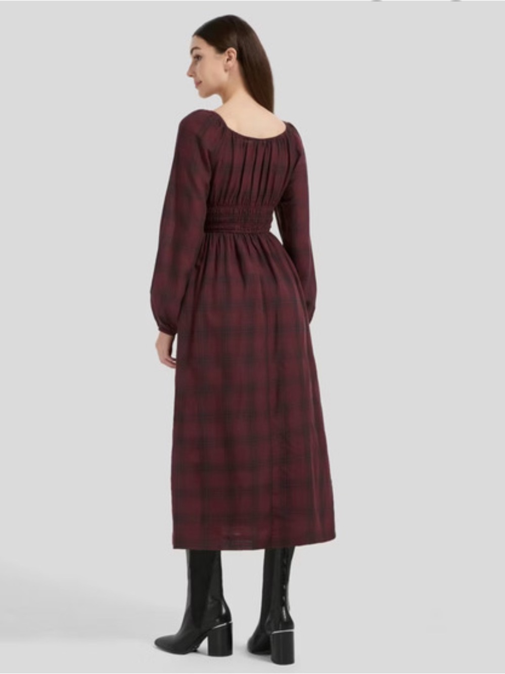 Burgundy Plaid Long Sleeve Midi A Line Dress size M - Picture 5 of 5